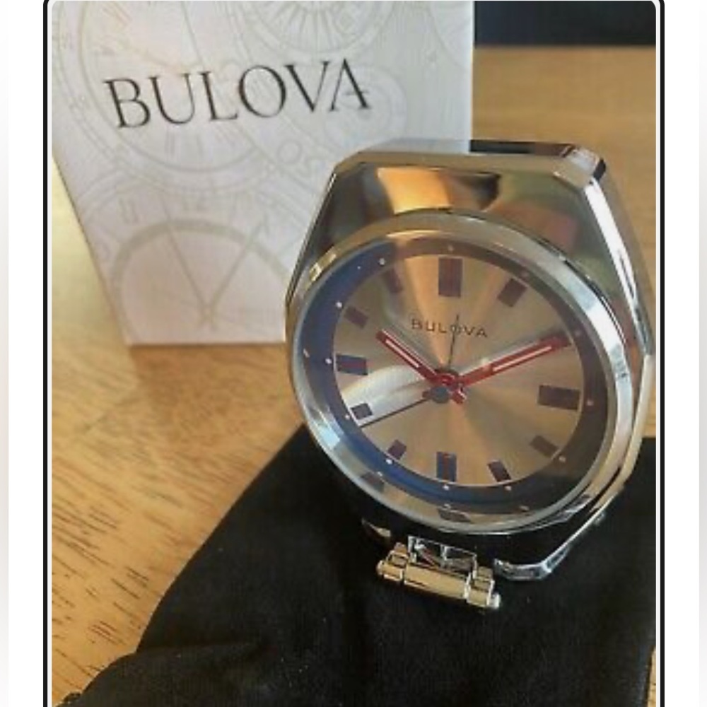 Bulova Travel Clock Chrome with Red Accents, B1972GWP - Brand New!